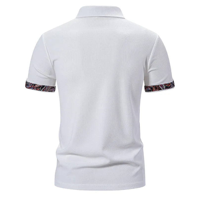 Men's navy blue polo shirt with colour stitching on the turnover collar and short sleeves.