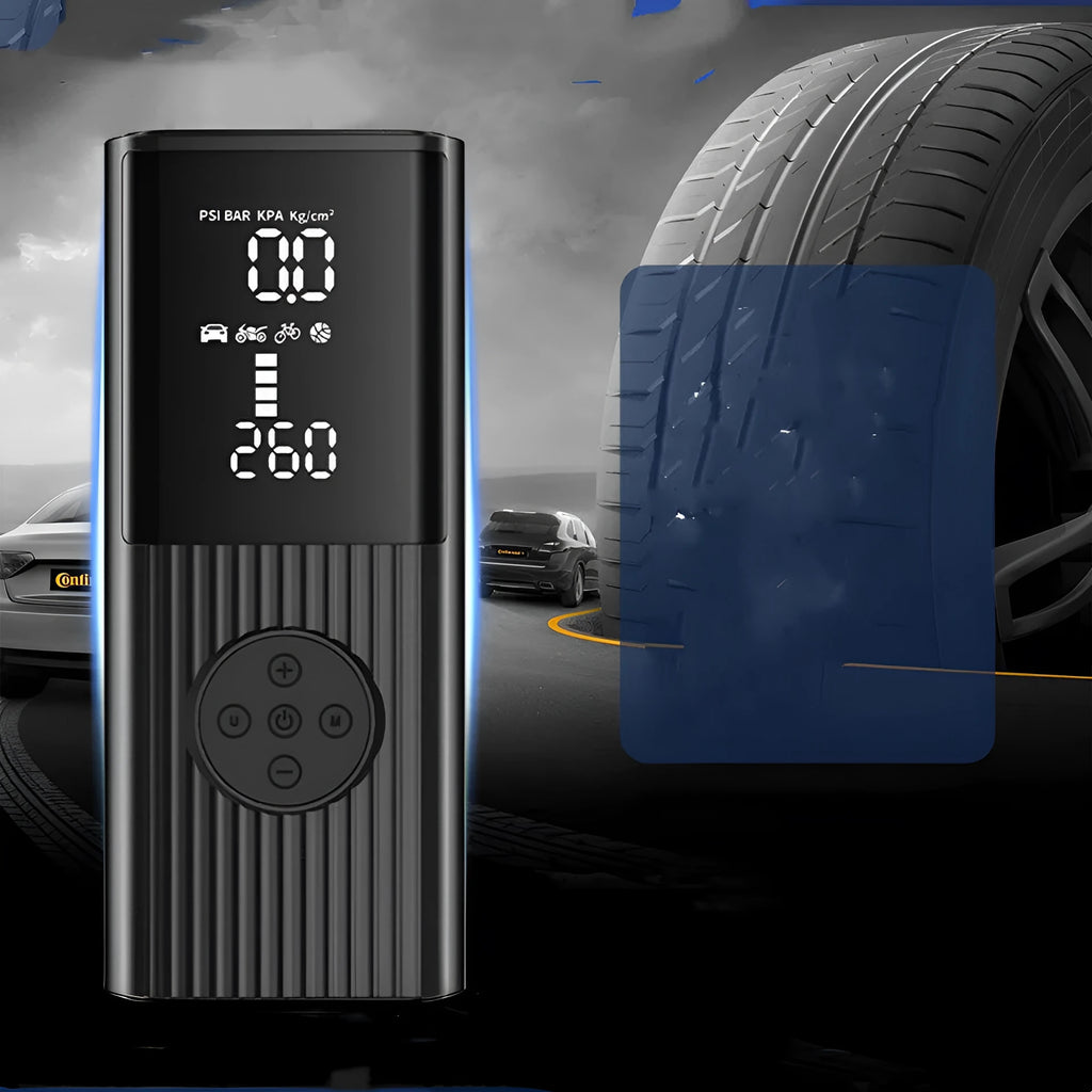 Black wireless car tyre inflator with digital display, LED light, and USB port, shown with air nozzles and storage bag.