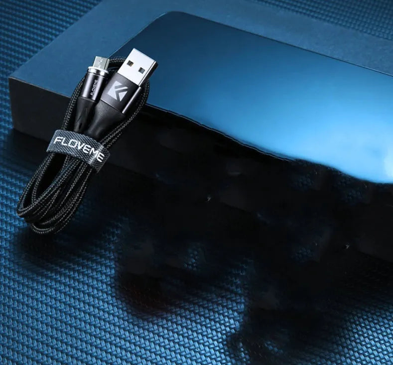 Black magnetic 3-in-1 fast charge data cable with side LED light for Apple and Android phones