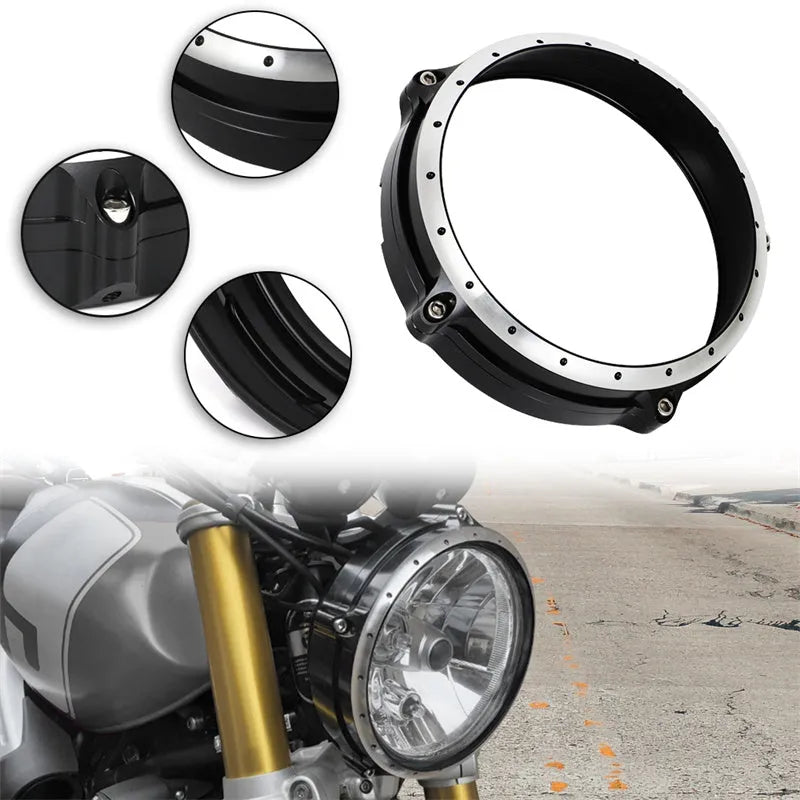 Black CNC aluminium headlight cover for BMW R nineT Scrambler motorcycle