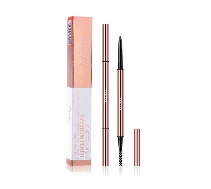 Slender eyebrow make-up pencil in a colour box with six shade options shown.