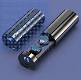 Wireless dual ear Bluetooth headset in black with magnetic charging case showing battery level display