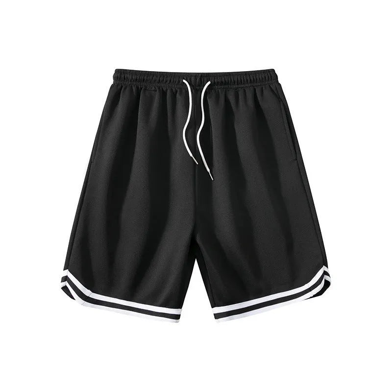Men's loose polyester sports shorts in multiple colours on a size chart background.