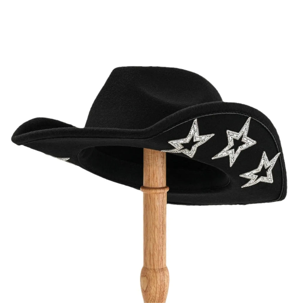 Polyester felt western hat with conical crown and hexagonal star detail in beige colour