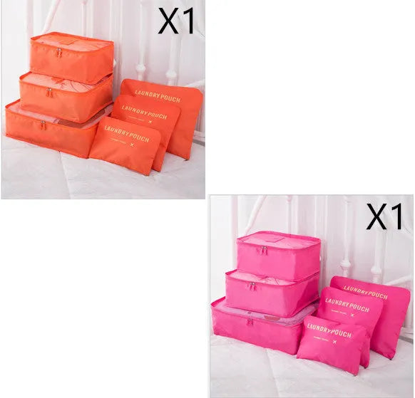 6 piece polyester travel storage bag set in hand bag type shape for clothes and cosmetic organisation, various colour options