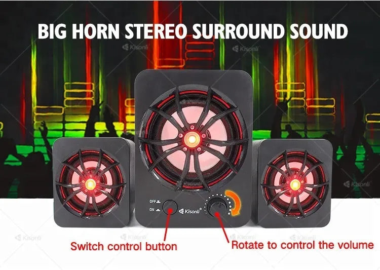 Green 2.1 USB computer speaker with glowing colourful LED lights showing USB and 3.5mm ports