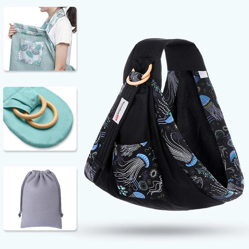 Baby wrap carrier sling in blue-green cotton mesh fabric, adjustable for newborn to 36 months, 50kg capacity