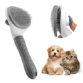 Blue cat grooming brush with release button for removing loose fur and tangles.