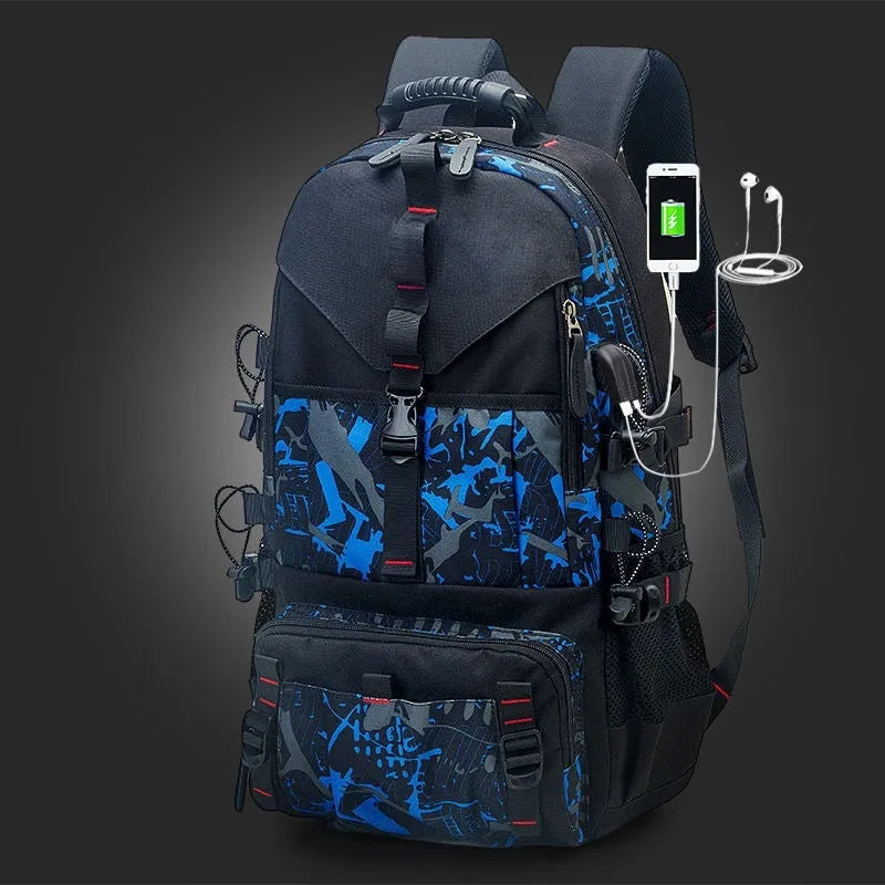 Men's waterproof Oxford cloth hiking backpack with air pillow belt system in camouflage black colour