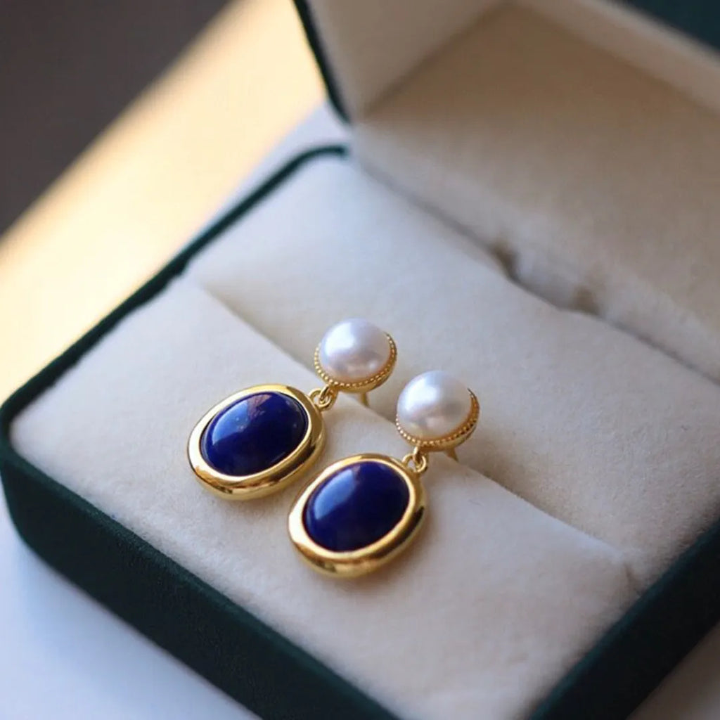 925 sterling silver lapis lazuli pearl stud earrings with auspicious patterns