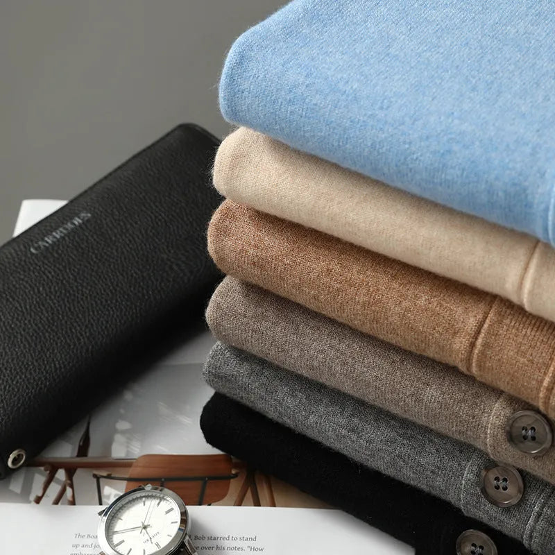 Men's Andy velvet knitted cardigan coat in V-neck loose style shown in beige colour