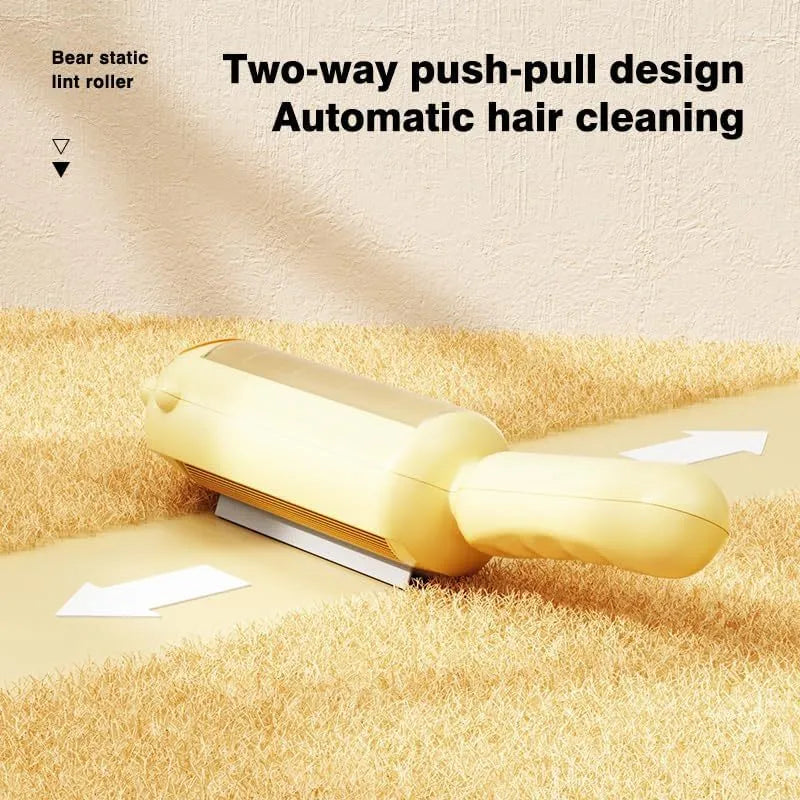 Blue reusable pet hair remover roller with self-cleaning base for furniture and car seats.