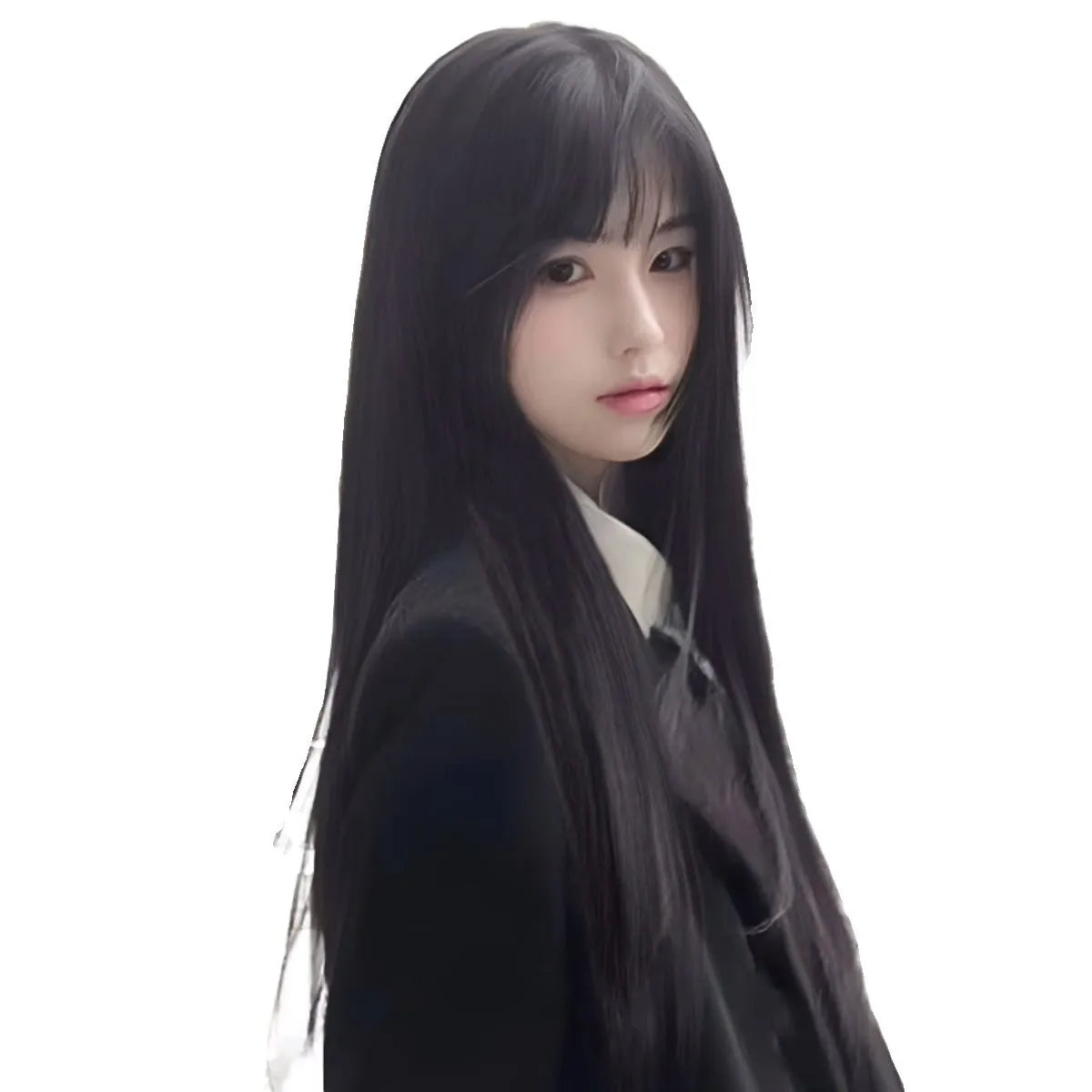 Straight black synthetic wig with fringe options and built-in headband for women