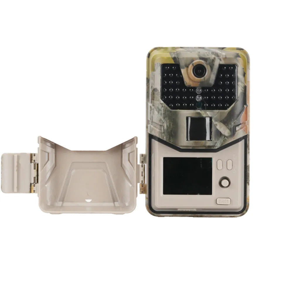 Camouflage outdoor Bluetooth trail camera with infrared LEDs for night vision, showing compact design.