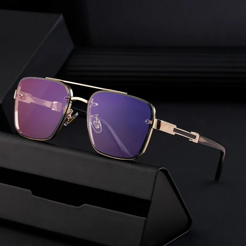 Men's vintage sunglasses with gold frame and gray lenses in European style design.