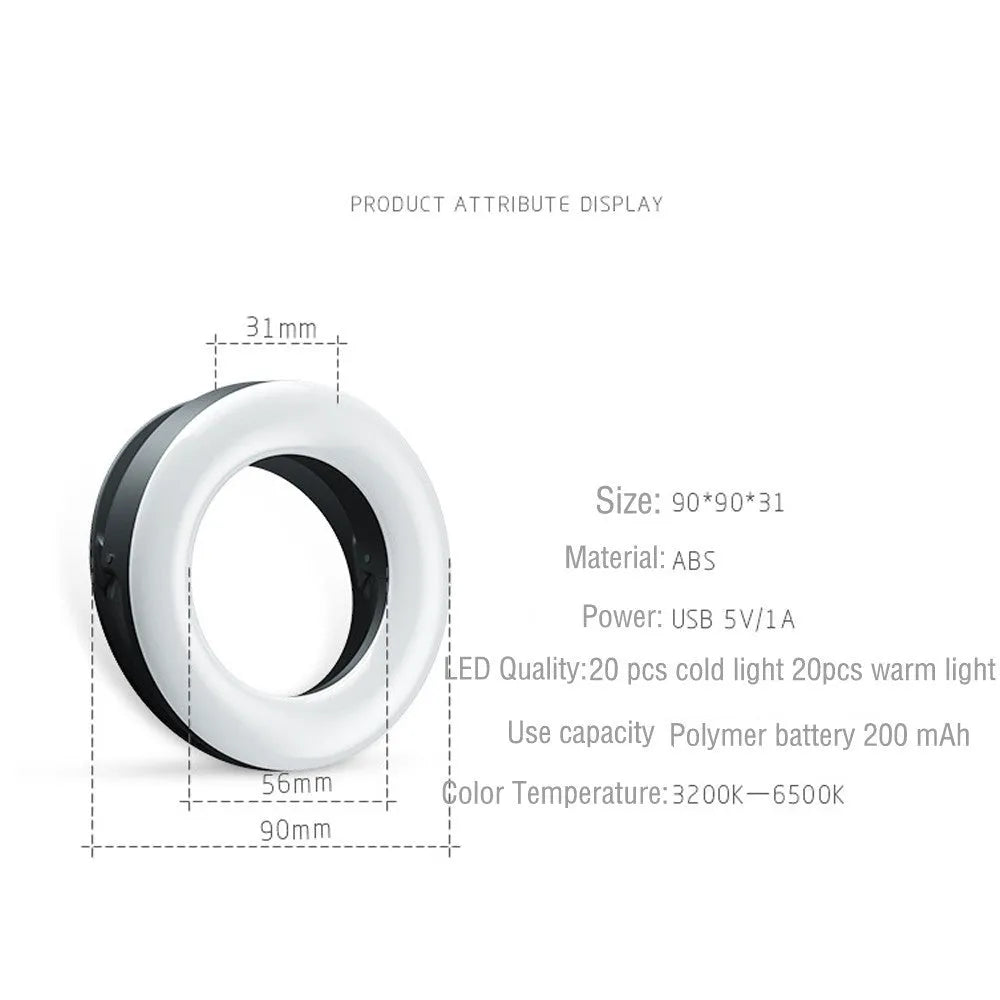 Compact black selfie ring light for mobile phone with USB cable for charging.