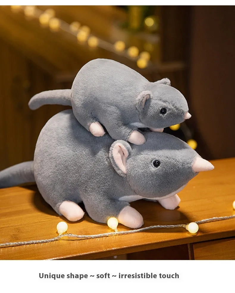 Grey cartoon mouse plush toy doll shown in three sizes: small 32cm, medium 50cm, and large 100cm.