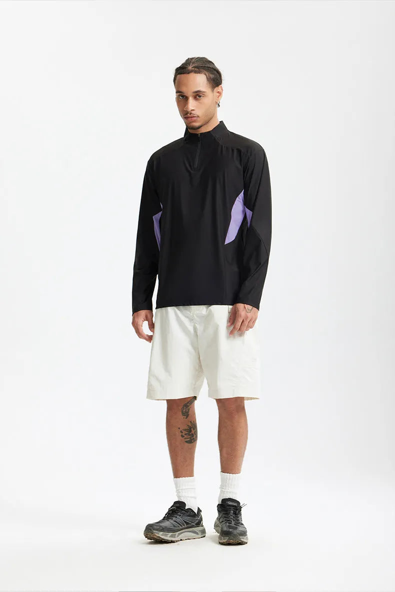 Men's solid colour polyester casual top shown in black and beige, featuring both long sleeve and short sleeve options.