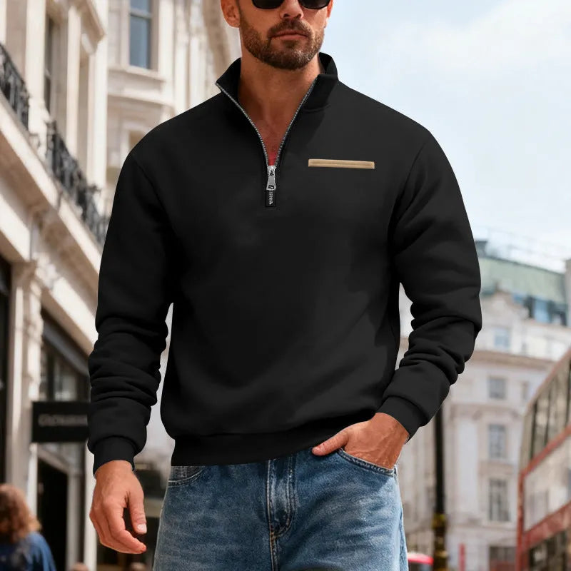 Men's loose fit sport sweatshirt with stand collar and contrast stripes in army green colour