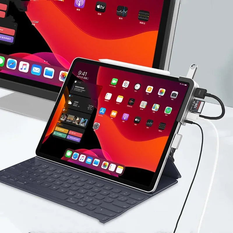 Silver aluminium grey USB-C docking station for iPad Pro with HDMI, USB, and SD card ports