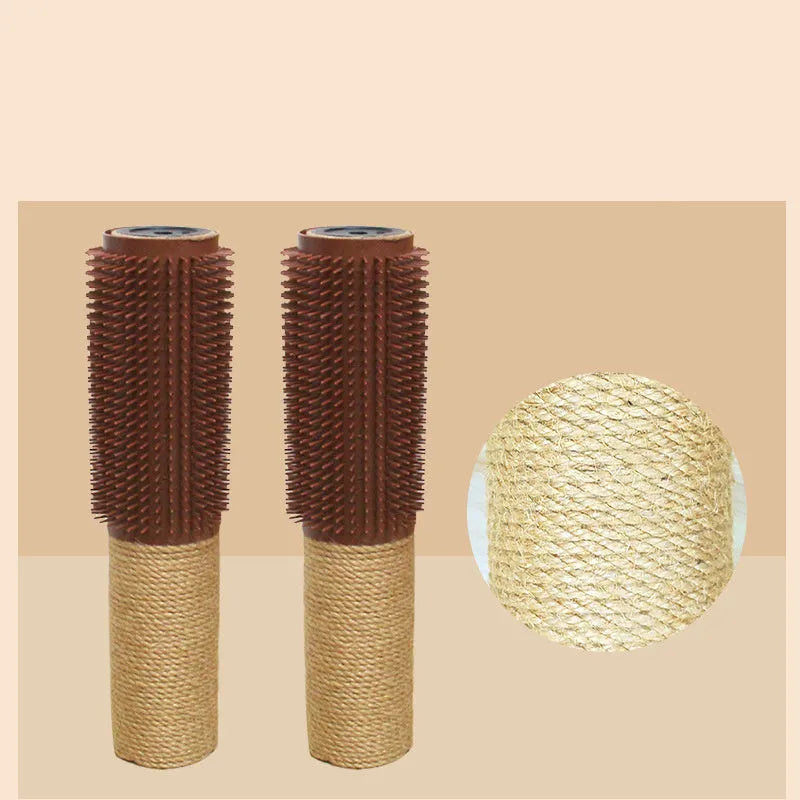 Brown sisal cat scratching post with face scratching device and toy attachment measuring 30cm tall
