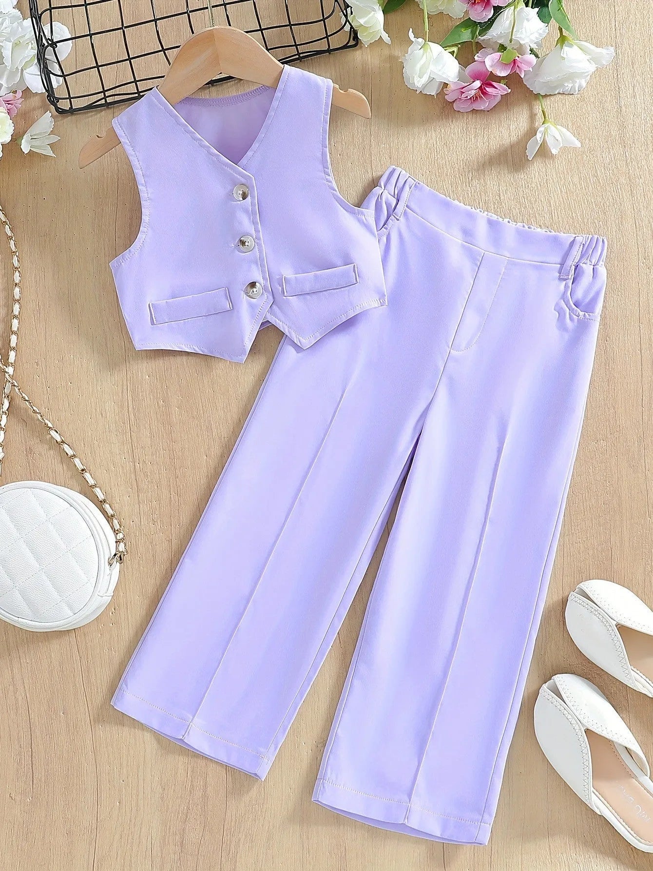 Children's summer casual polyester vest suit for girls in solid colour two-piece set with vest top and trousers