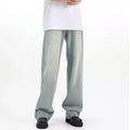 Blue retro-style loose casual trousers made from rabbit fur fabric on a model
