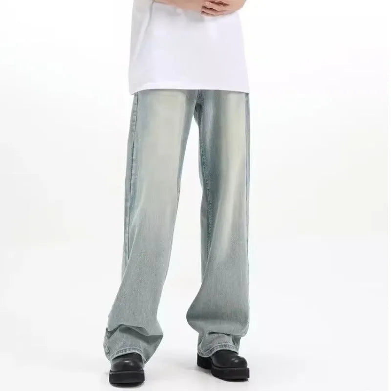 Blue retro-style loose casual trousers made from rabbit fur fabric on a model