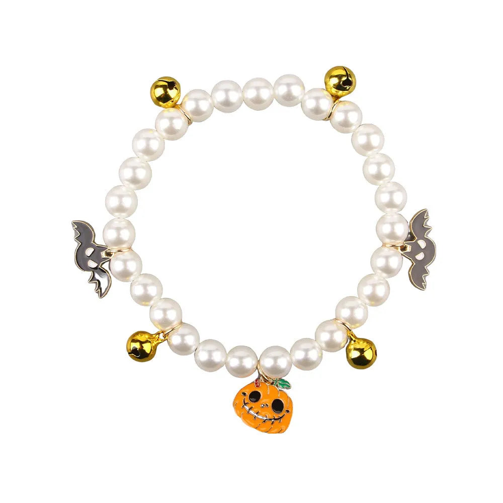 Simulated pearl Halloween cat collar with pumpkin and ghost decoration designs