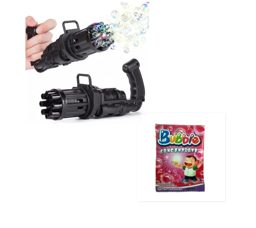 A child's bubble machine toy with a realistic gun design in pink, gold or black, shown with its removable bubble head.