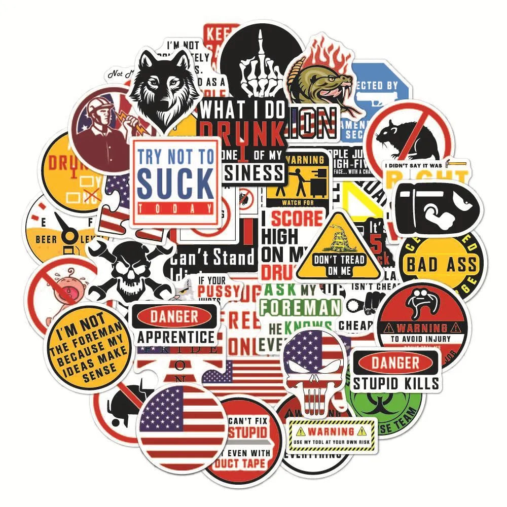 Pack of 50 waterproof PVC motorcycle helmet stickers with warning slogan graffiti pattern 6-8cm size