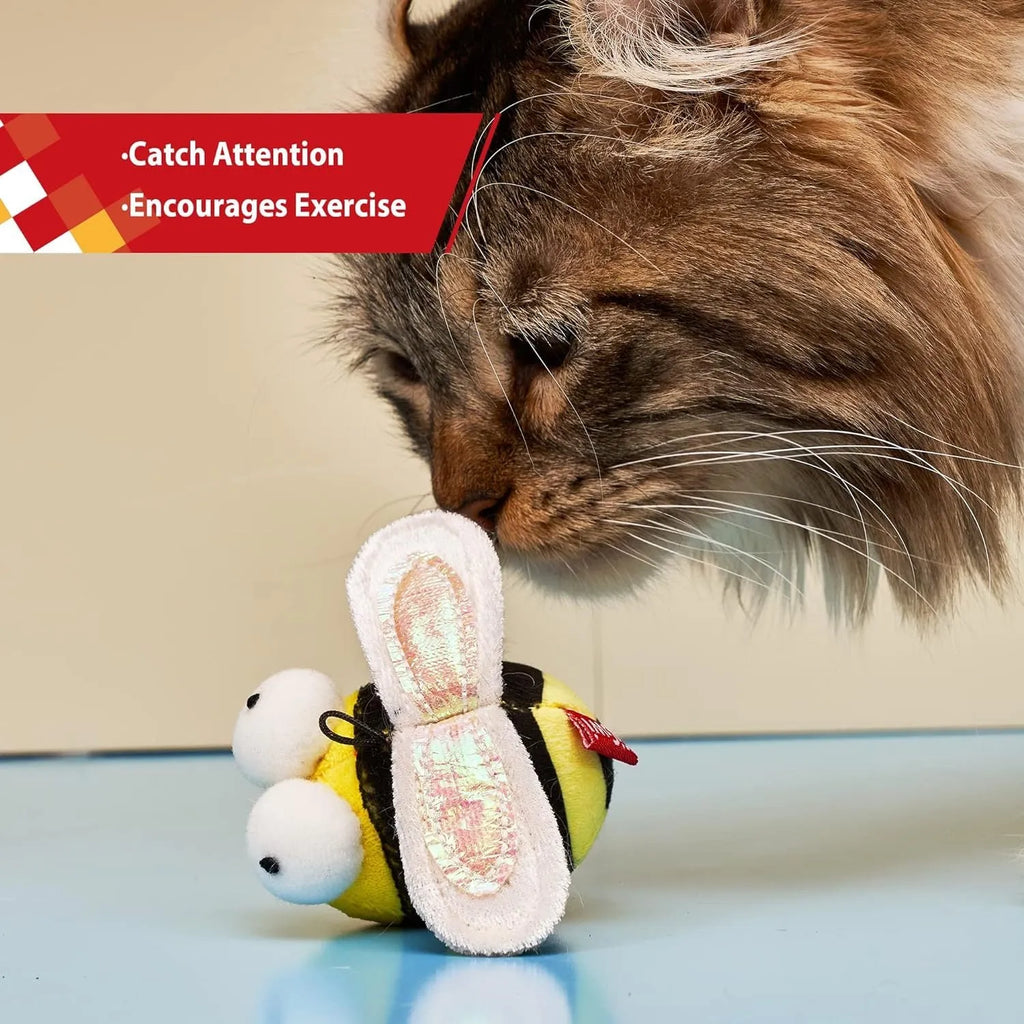 Yellow bee-shaped electronic cat toy with motion-activated chirping sounds for indoor play