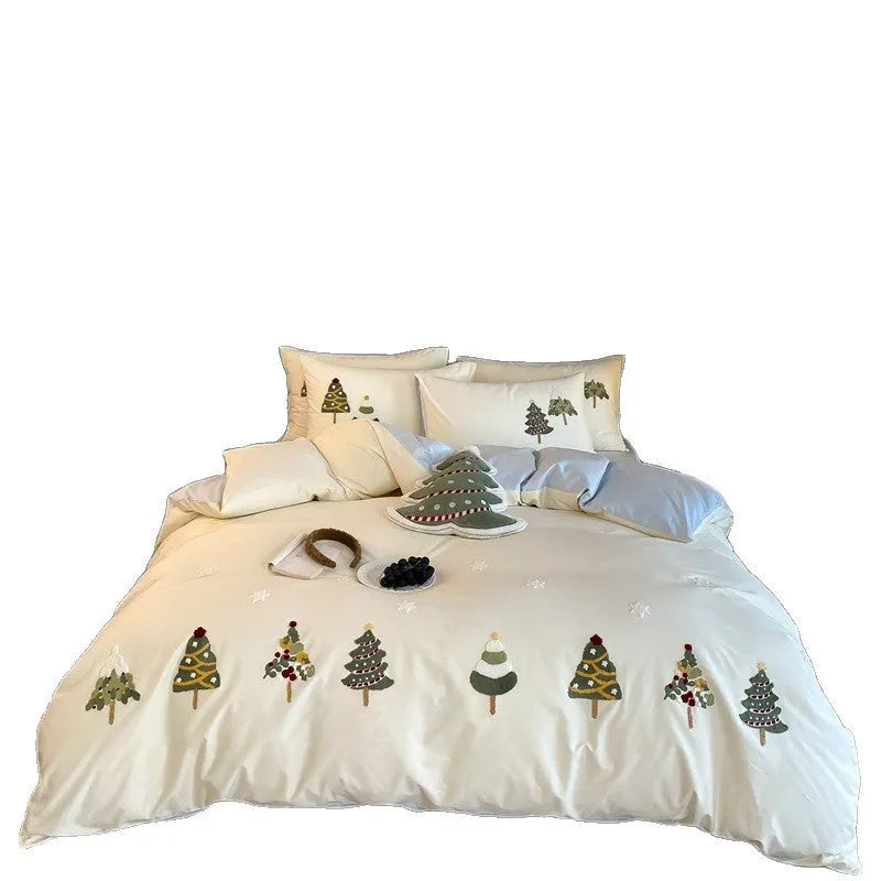 Pure cotton four-piece bedding set with embroidered Christmas tree and towel pattern in cream blue or green.