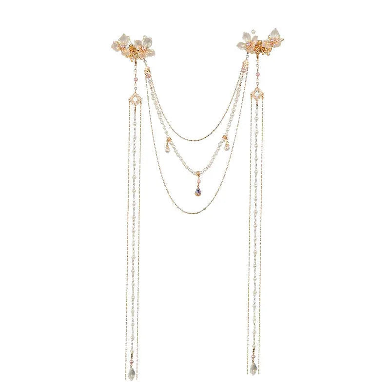 Gold grip hairpin with white pearl diamond flower and long clear tassel decoration.