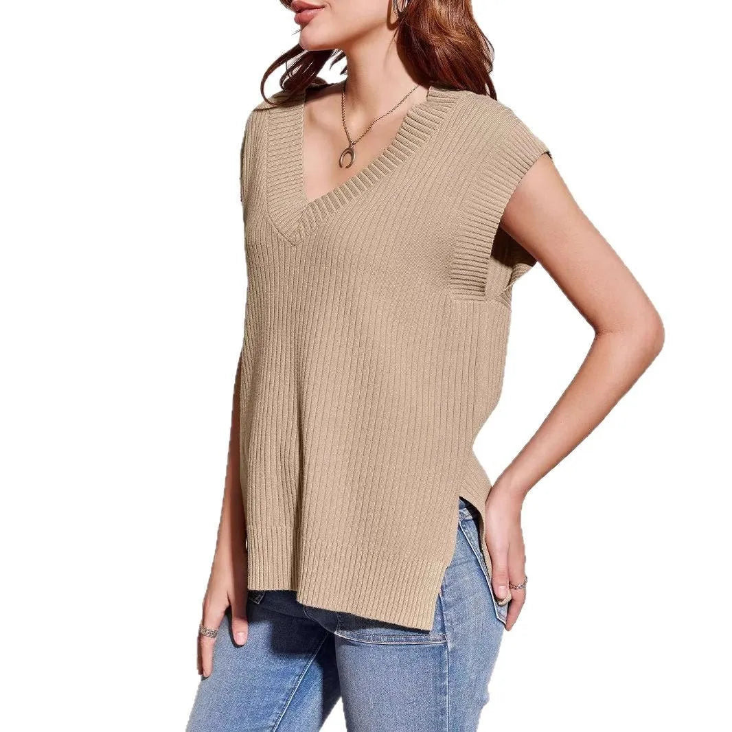 V-neck sleeveless vest in camel colour with stripe pattern, loose casual styling