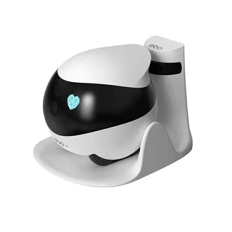 White smart home mobile surveillance robot camera with compact design and automatic docking station