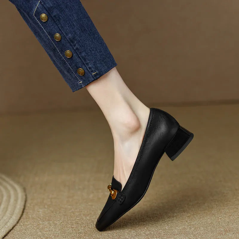 Women's brown retro square toe leather shoes with rubber sole British style