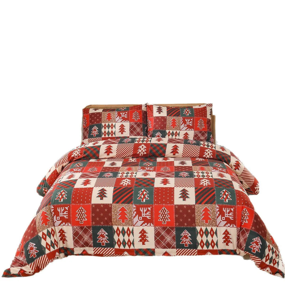 Red plaid Christmas bedding three-piece set with quilt cover and pillowcases on bed