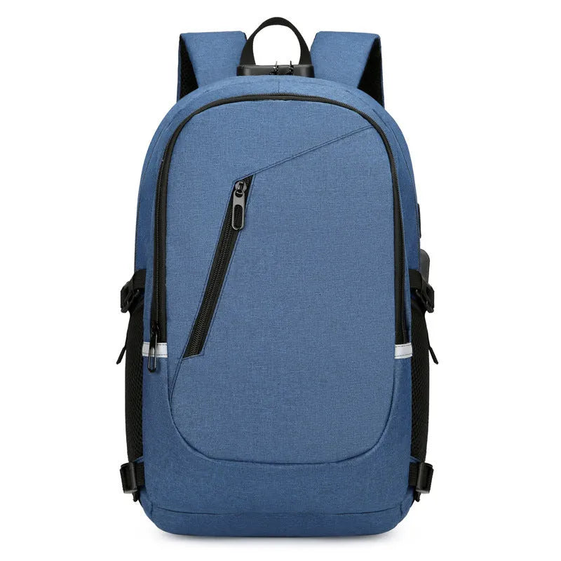Oxford cloth casual backpack in blue, open to show interior, with a laptop inside.
