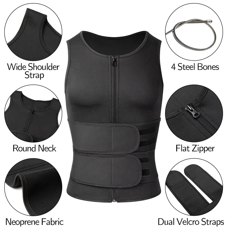 Men sweat vest sauna suit waist trainer high collar long sleeve super slim fit in black for weight loss