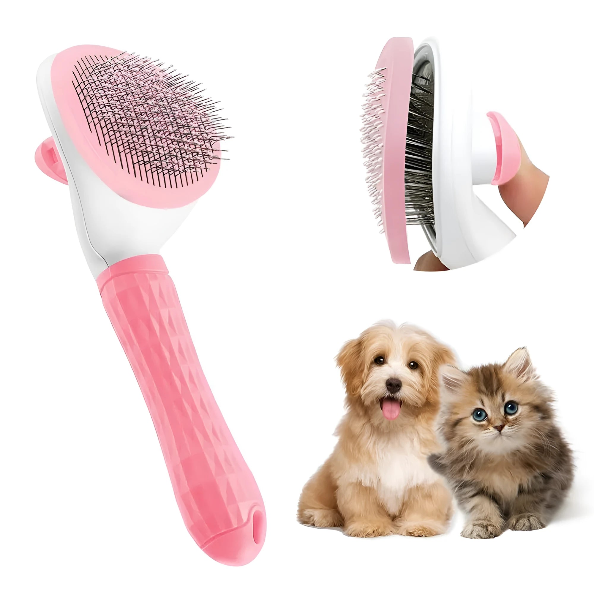 Blue cat grooming brush with release button for removing loose fur and tangles.