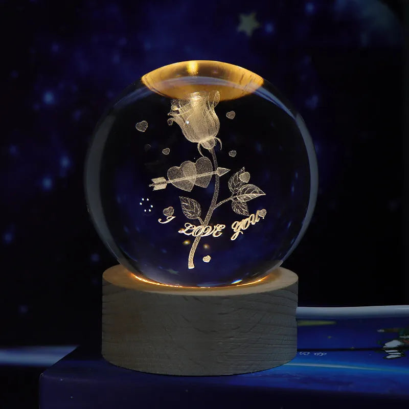 3D crystal ball night lamp with starry sky planets and moon projection on wooden base