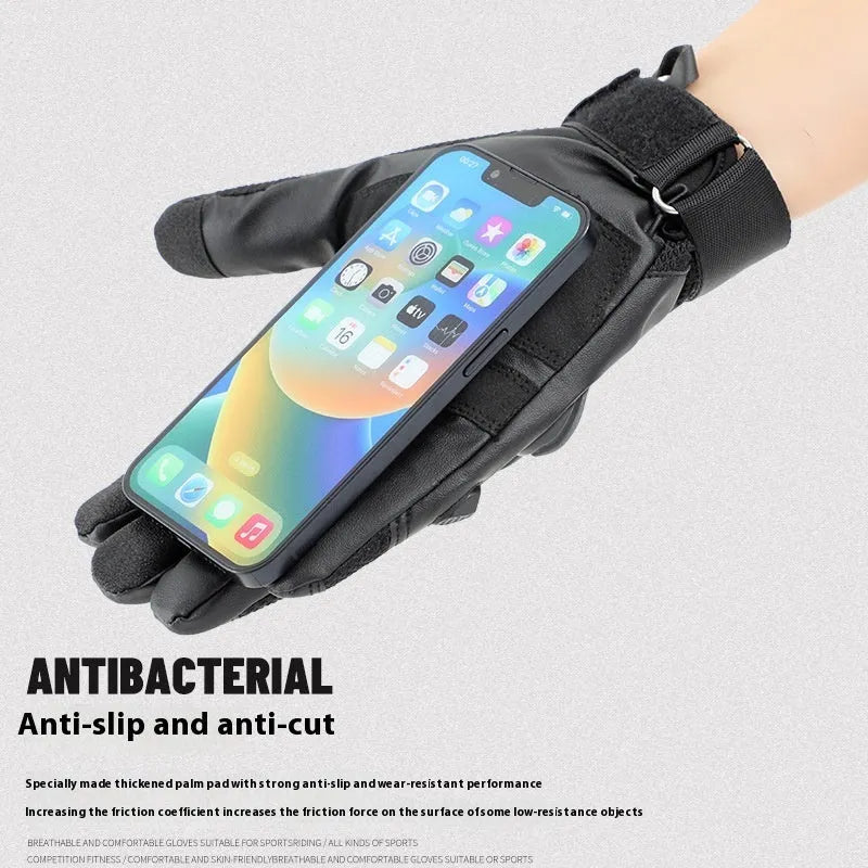 Men's black full finger tactical gloves with touch screen fingertips on a hand.
