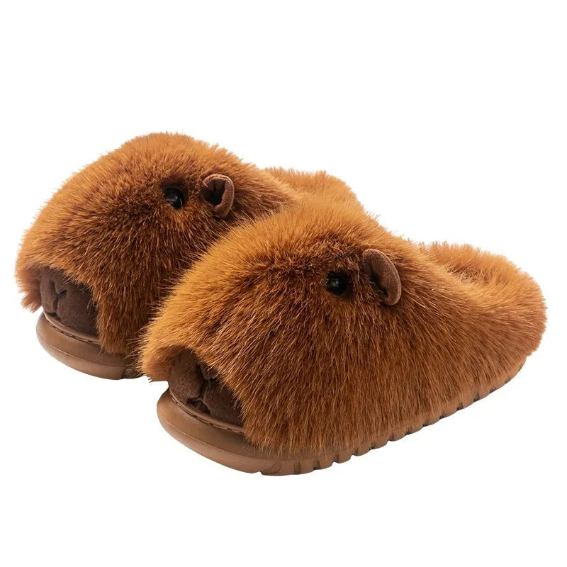 Women's cartoon plush slippers in dark brown with shearling lining and anti-slip EVA sole