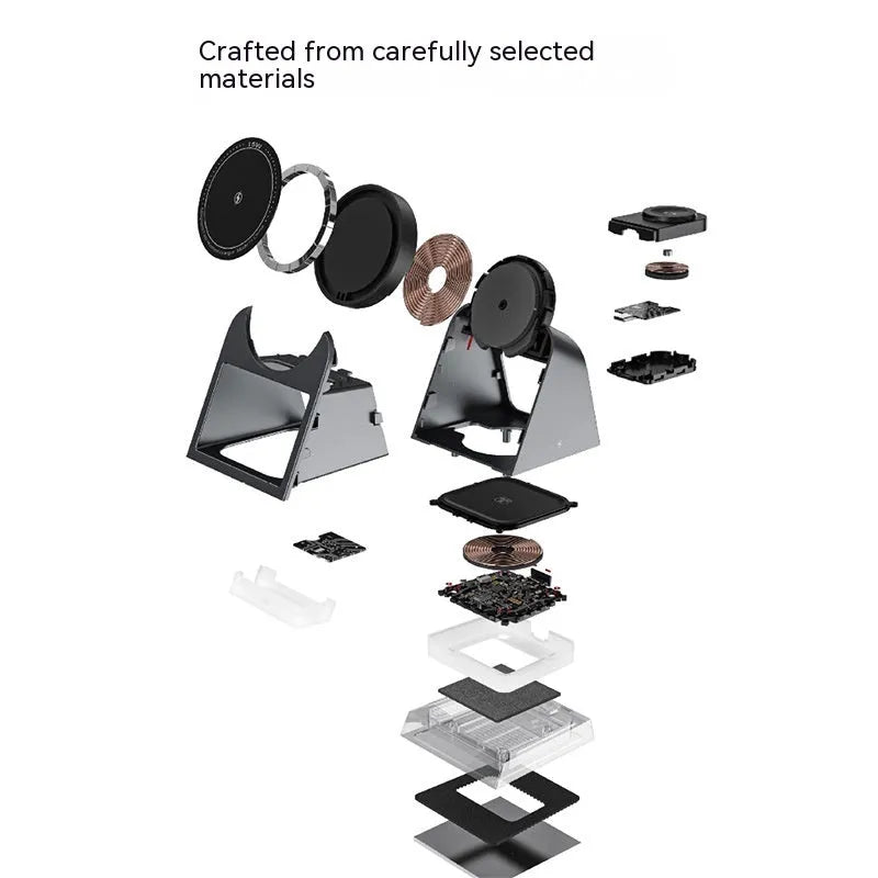 Black three-in-one magnetic wireless charger with night lamp charging phone, watch, and headset on a desk