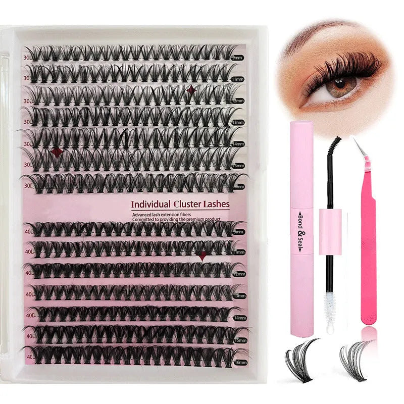 DIY cluster false eyelashes mixed package showing 30D and 40D thicknesses with tweezers