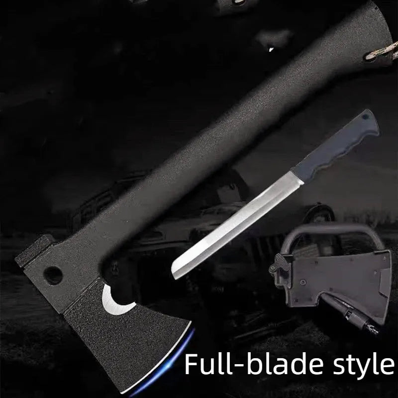 Black survival tactical axe with stainless steel blade and K sheath on outdoor rocky surface