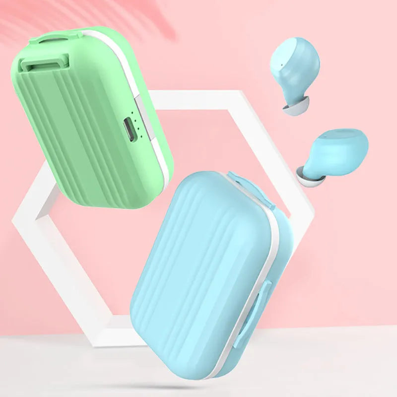Macaron wireless sports headphones in pink with charging case, showing in-ear design and Bluetooth pairing