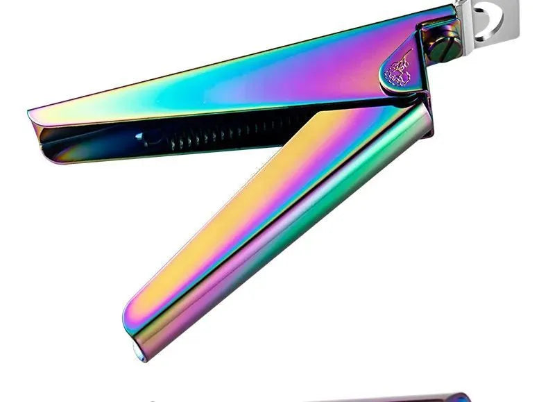 Stainless steel nail art tool set with rainbow, gold, and silver trimmer, clipper, and edge cutter