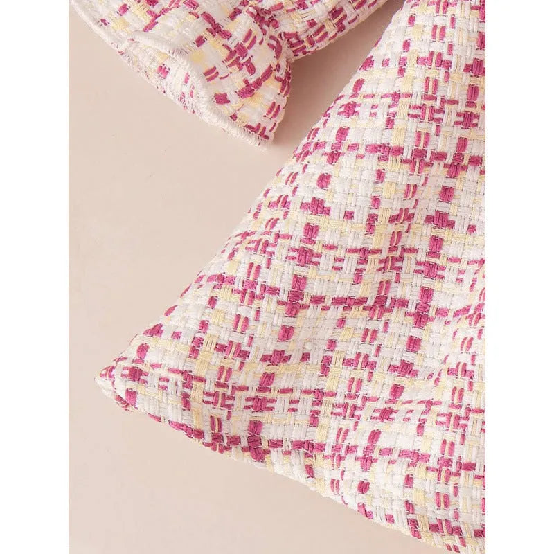 Pink plaid lace collar bow dress for baby girls, regenerated cellulose fibre fabric, suitable height 12-18 months